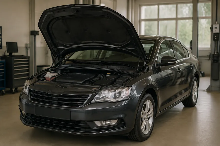 Car with its bonnet open