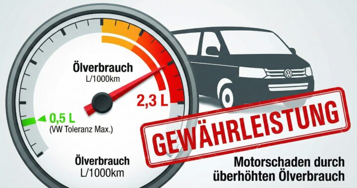 Das Bild zeigt einen Ölverbrauch von 2,3 Liter bei einem VW T5 Multivan weist auf einen Motorschaden und Gewährleistung hin.