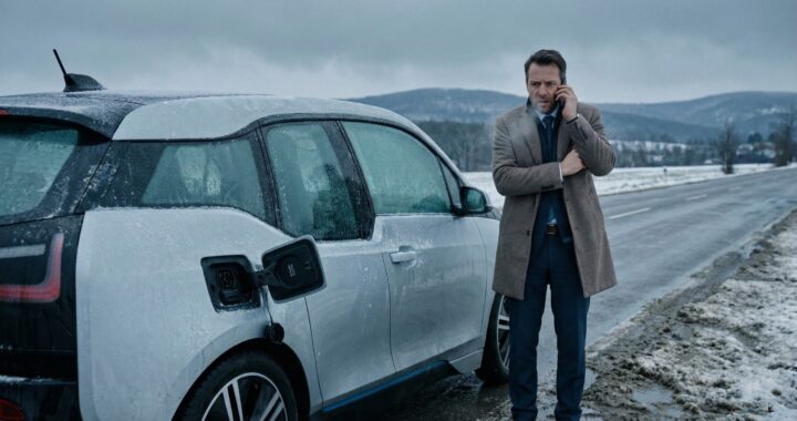 Vereistes Elektroauto steht im Winter am Straßenrand, frustrierter Fahrer telefoniert wegen zu geringer Reichweite mit Anwalt.