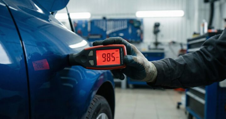 Lackschichtdickenmessung an einem blauen Kotflügel in der Werkstatt zeigt mit 985 µm einen extrem hohen Wert an, was als Beweis für dicke Spachtelmasse und einen verschwiegenen Unfallschaden dient.