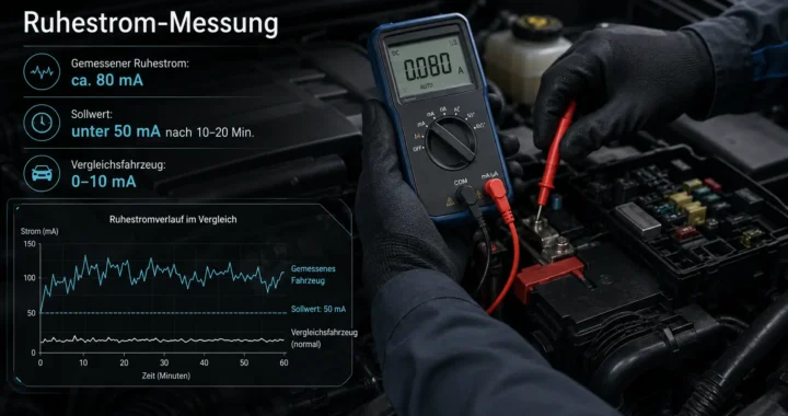 Ruhestrommessung an einer Fahrzeugbatterie: gemessen etwa 80 mA bei einem Sollwert unter 50 mA.
